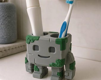Mossy Stone Golem Toothbrush Holder, Hand Painted 3D Printed Bathroom Accessory