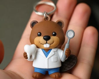 Dentist Beaver Keychain, Hand-Painted 3D Printed Dental Assistant Charm, Unique Orthodontic Gift for Hygienist