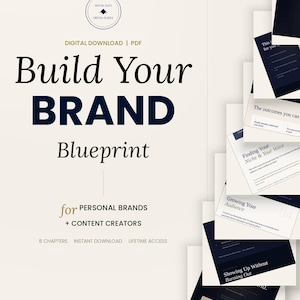 May include: A digital download titled "Build Your BRAND Blueprint" with text for personal brands and content creators. The cover is cream-colored with dark blue and black text. Additional pages with dark blue text are stacked to the right.