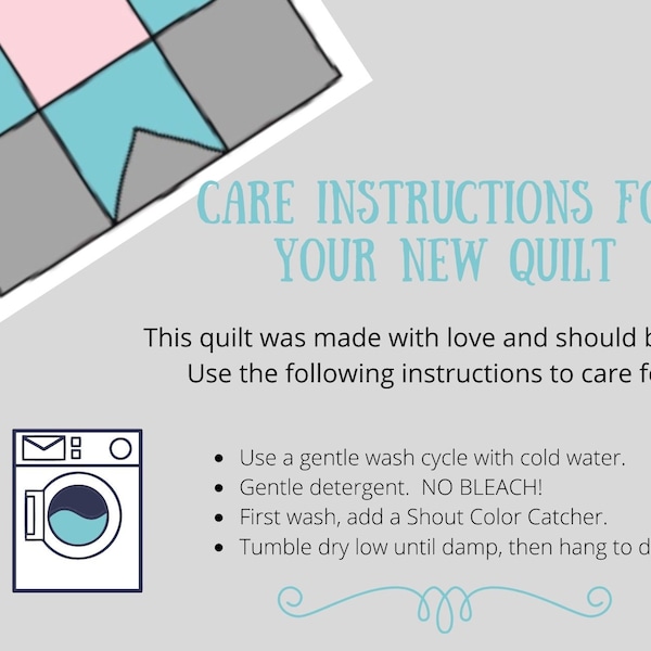 Printable Quilt Care Card in PDF, JPG and PNG