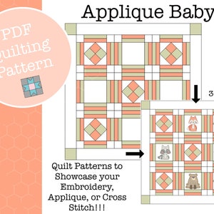 Könnte beinhalten: Ein PDF-Quiltmuster für ein Applikations-Baby-Quilt, mit einem geometrischen Design mit Pfirsich-, grünen und weißen Blöcken. Das Muster enthält ein 91 cm x 91 cm großes Quilt-Design, und der Text "Applique Baby" wird oben angezeigt.