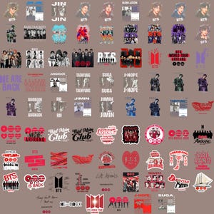 Könnte beinhalten: Eine Sammlung von Aufklebern mit verschiedenen Designs, die sich auf die K-Pop-Gruppe BTS beziehen. Die Aufkleber zeigen Bilder der Bandmitglieder, Logos und Sätze wie "BTS World Tour" und "ARIRANG". Die Farbpalette umfasst Rot, Schwarz und Weiß.