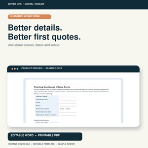 Puede incluir: Un kit de herramientas digital para empresas de mudanzas con una plantilla de formulario de admisión de clientes. El documento incluye campos para ID de cliente potencial, nombre, correo, teléfono, fecha y acceso. El texto dice Better details.