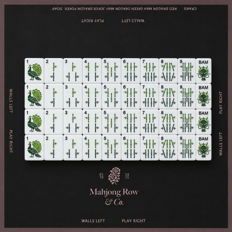 May include: A set of white Mahjong tiles arranged in four rows on a dark background. The tiles feature green bamboo, peacock, and dragon illustrations with black text. The board includes text labels like Walls Left, Play Right, and Mahjong Row & Co.