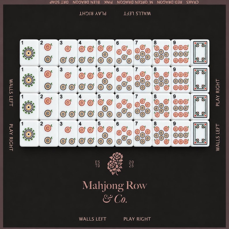 May include: A set of white Mahjong tiles arranged in four rows, featuring numbered suits from one to nine with circular target designs, plus floral patterned tiles. The dark background displays the text Mahjong Row & Co. and ESTD 2025.