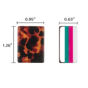 May include: Two rectangular components. One features a brown and black tortoiseshell pattern measuring 0.95 inches wide by 1.26 inches high. The other is a rectangular frame with vertical stripes of white, teal, and magenta, measuring 0.63 inches wide.