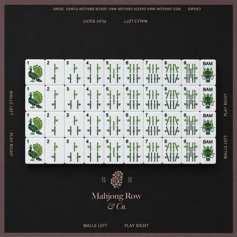 May include: A set of white mahjong tiles arranged in four rows, featuring green bamboo suits numbered one through nine, peacock illustrations, and dragon motifs. The dark background displays the text Mahjong Row & Co. and game instructions.
