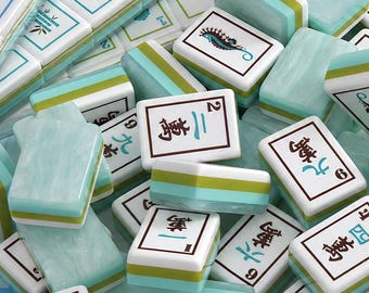 Sea Glass Pearlescent Mahjong | Tri-Color Mint Tiles | 160 NMJL Game with Seahorse Jokers | Coastal Decor