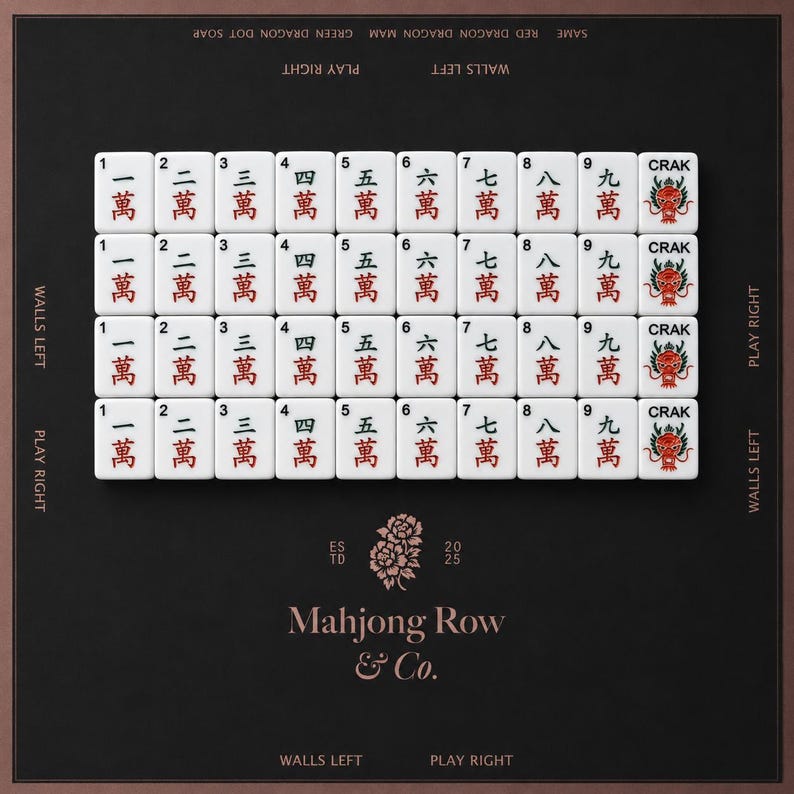 May include: A set of white Mahjong tiles arranged in a grid on a black surface. The tiles feature black numbers 1 through 9, red Chinese characters, and a red dragon graphic labeled CRAK. The background includes the text Mahjong Row & Co. and EST 2025.