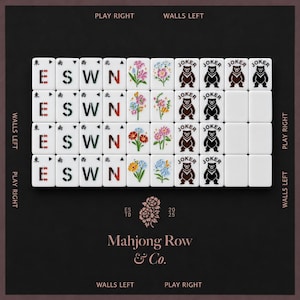May include: A set of white Mahjong tiles arranged in a grid, featuring directional letters E, S, W, N, colorful floral illustrations, and Joker tiles with bear graphics. The text Mahjong Row & Co. appears below with floral icons.