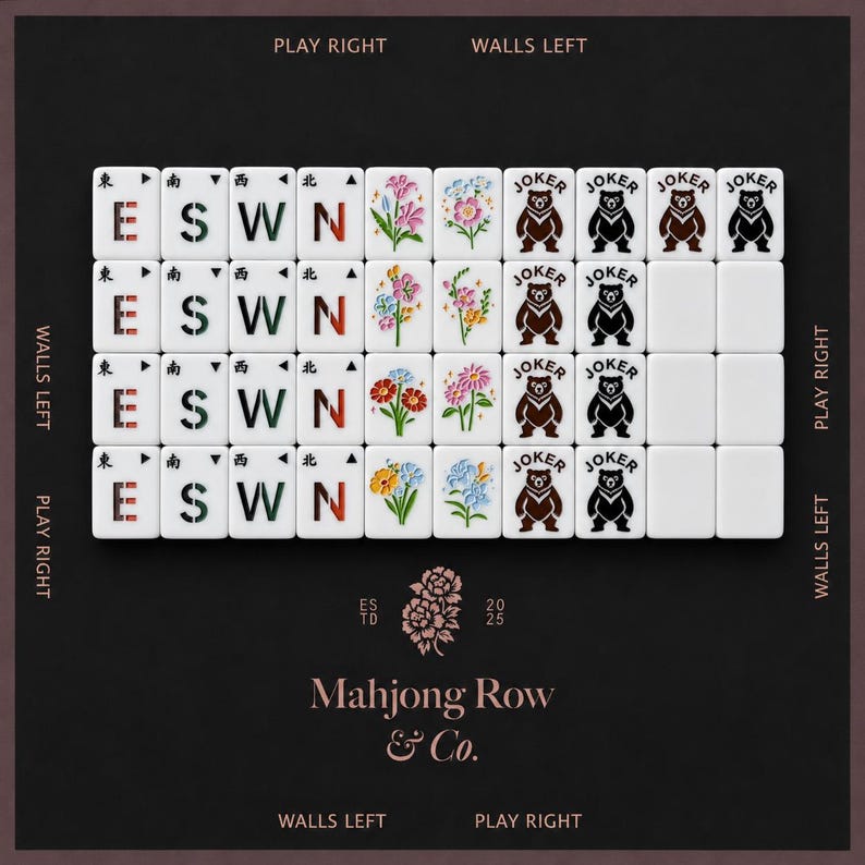 May include: A set of white Mahjong tiles arranged in a grid, featuring directional letters E, S, W, N, colorful floral illustrations, and Joker tiles with bear graphics. The text Mahjong Row & Co. appears below with floral icons.