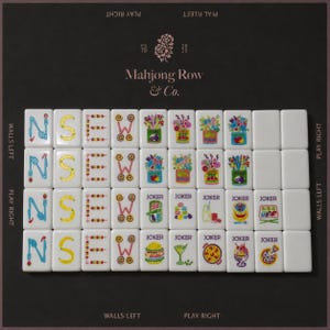 May include: A set of white rectangular mahjong tiles arranged in a grid on a dark background. The tiles feature colorful illustrations of flowers, food, drinks, and the letters N, S, E, W. The text Mahjong Row & Co. is printed at the top center.