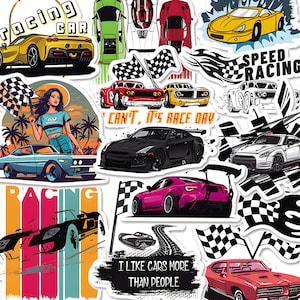 Puede incluir: Una colección de pegatinas de coches de carreras en varios colores, incluyendo amarillo, verde, rojo, negro y rosa. Las pegatinas presentan coches de carreras, banderas a cuadros y texto como "Racing Car", "Speed Racing" y "I Like Cars More Than People".