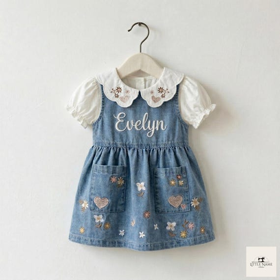 Personalized Baby Denim Dress, Embroidered Floral Outfit, Custom Name Keepsake