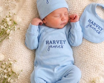 Custom Newborn Outfit Set, Name Embroidered Baby Bodysuit, Coming Home, Baby Shower Gift