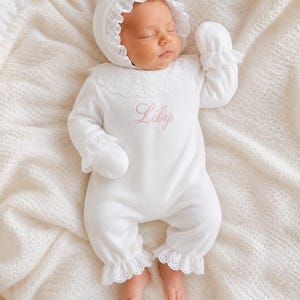 Personalized Baby Girl Lace Romper Set, Embroidered Newborn Outfit with Bonnet and Blanket
