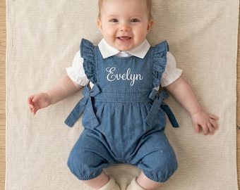 Personalisierte Baby Denim Outfit Set, Name Baby Mädchen Strampler Kleid, Gesticktes Geschenk