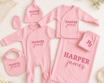 Personalisiertes Neugeborenen-Set, Babybody mit Namen bestickt, Coming-Home-Outfit, Baby-Shower-Geschenk