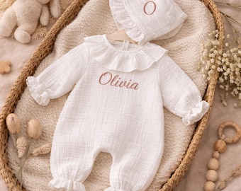 Personalized Baby Romper with Ruffle Collar, Name Embroidered Newborn Outfit, Muslin Girl Outfit Set
