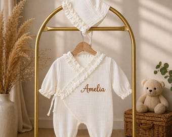 Completo per neonato in mussola con tutina, cappellino e copertina in stile kimono – Set personalizzato per neonato