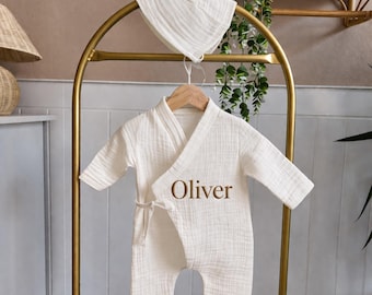Baby Kimono Romper with Hat, Personalized, Embroidered Name Outfit, Newborn Coming Home Gift Set