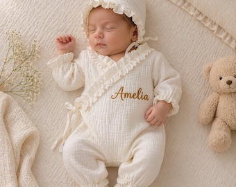 Ruffled Wrap Muslin Baby Romper, Hat and Blanket – Kimono Style –  Personalized Newborn Outfit Set