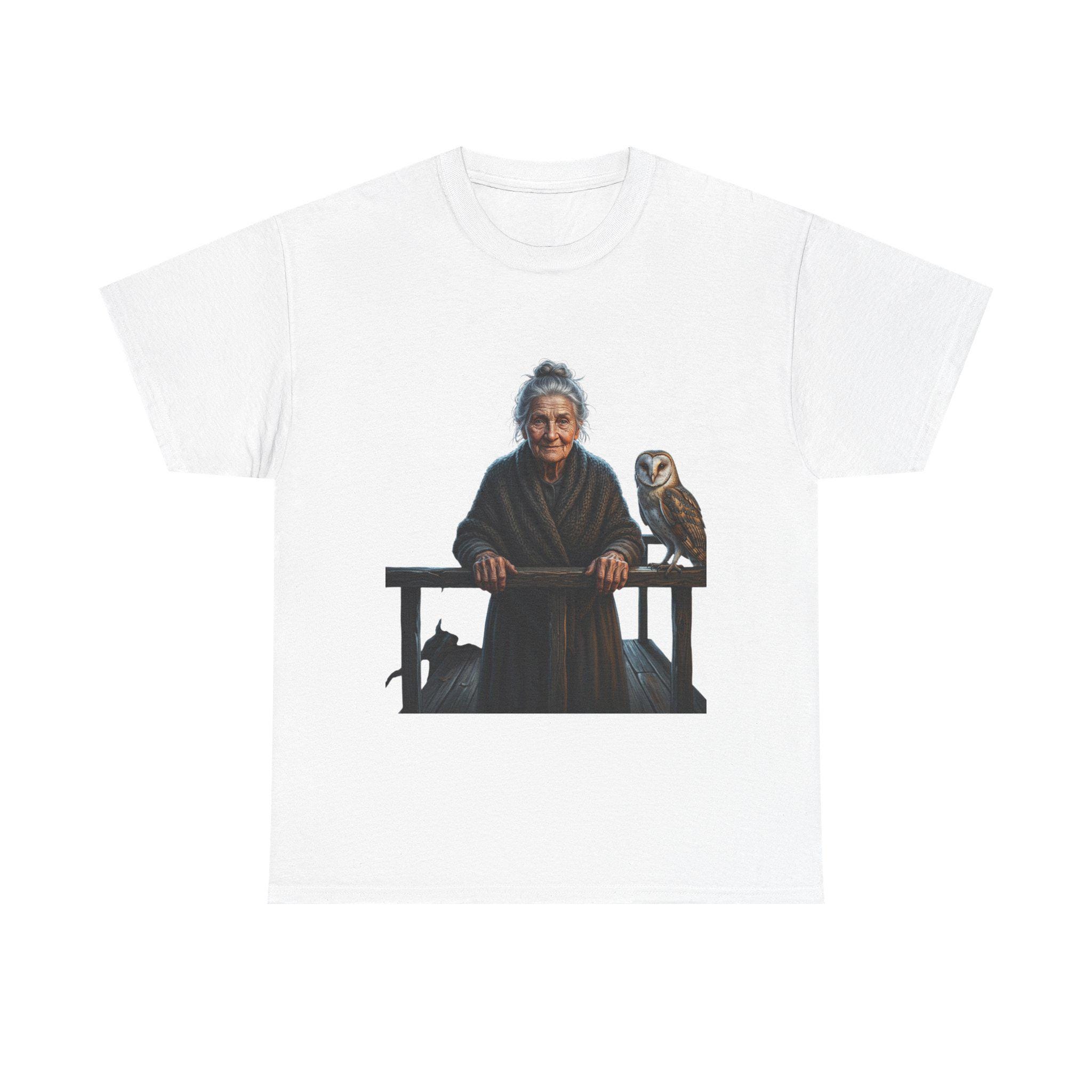 Elderly Woman with Owl T-Shirt | Vintage Portrait, Barn Owl Illustration