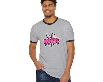 Rosa tropfende Krankenschwester-Häschenohren-Ringer-T-Shirt | Retro Sanitäter Shirt