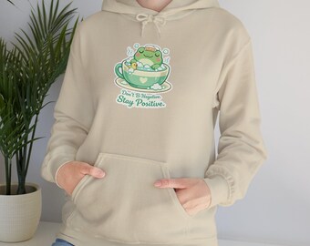 Frosch-Teetasse-Hoodie | Kawaii Frosch, Stay Positive Script, Kuschliges Fleece-Sweatshirt