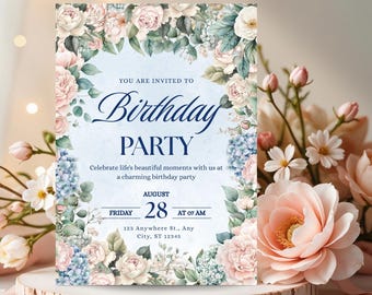 Dusty Blue Floral Birthday Invitation, Elegant Hydrangea Garden Party Template (Digital Download)
