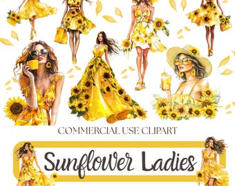 Sunflower Ladies Watercolor Clipart Bundle PNG, Fashion Woman Clipart,Commercial Use, Sublimation Art