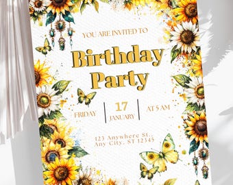 Sunflower Birthday Invitation Template, Watercolor Party Invite, Printable Floral , Summer Bday Card