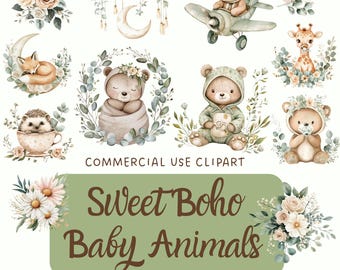 Boho Baby Animals Clipart Bundle PNG, Watercolor Bear,Fox,Hedgehog,Giraffe, Nursery, Commercial Use,Instant Download,37 Files