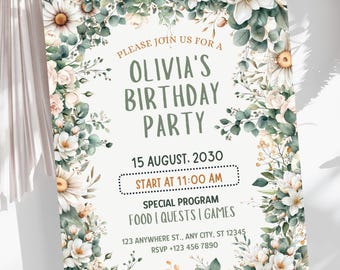 Elegant White Floral Birthday Invitation, Editable Botanical Bday Party Invite, Printable  Birthday Invitation, Digital Garden Party Invite