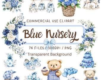 Blue Nursery Watercolor Clipart, Teddy Bear, Baby Shower Graphics (Digital Download)