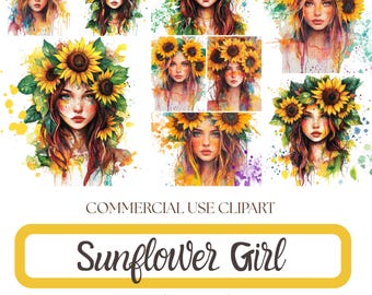 Sunflower Girl Clipart, Watercolor Boho Woman Portrait, Floral Crown (Commercial Use)