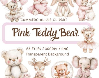 Pink Teddy Bear Clipart, Watercolor Animals, Baby Girl Graphics (Digital Download)