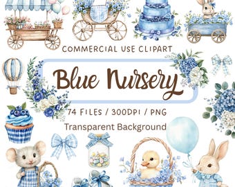 Blue Nursery Watercolor Clipart Bundle, Baby Shower PNG, Bunny Clipart, Baby Boy Nursery Graphics, Commercial Use, Transparent Background