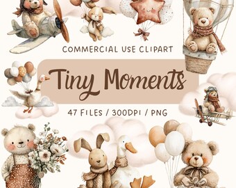 Boho Teddy Bear Clipart, Watercolor Nursery Animals, Hot Air Balloon Graphics (Commercial Use)