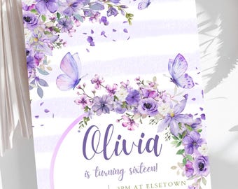 Sweet 16 Birthday Invitation, Purple Floral Butterfly Party Invite (Digital Download)