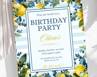 Blue Lemon Birthday Invitation, Watercolor Citrus Floral Party Invite (Digital Download)
