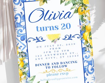 Sweet 20 Lemon Floral Invitation, Blue Yellow Mediterranean, Editable Canva Template (5x7 Digital Invite)