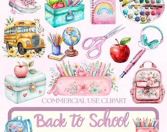 Back to School Clipart, Watercolor Classroom Supplies, Teacher PNG, School Bus, Backpack, Pencil, Apple, Commercial Use Graphics