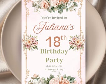 Elegant 18th Birthday Invitation, Blush Peach Floral Template (Digital Download)