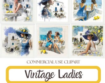 Vintage Ladies Watercolor Clipart, Mediterranean Fashion, Coastal Summer Illustrations (Digital Download)