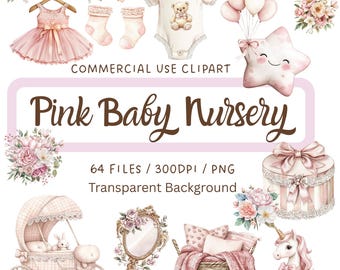 Pink Baby Nursery Clipart, Watercolor Girl Shower Elements, Unicorn, Pram (Commercial Use)