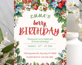 Strawberry Birthday Invitation Template, Berry First Birthday Invite, Summer Berry Party Invite, Editable Printable Invitation