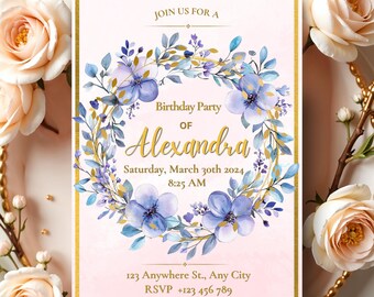 Purple Floral  Invitation, Elegant Watercolor Birthday Party Invite, Gold Frame Editable Template, Printable Birthday Invitation for Women