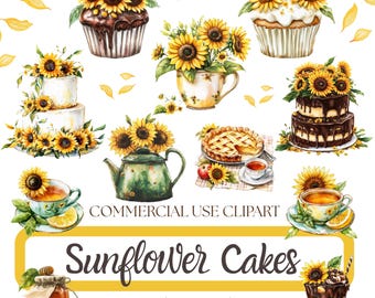 Sunflower Cakes Clipart Bundle PNG 51 Files, Watercolor Food Bakery Kitchen, Tea Cup Honey Jar Commercial Use Instant Download 300DPI