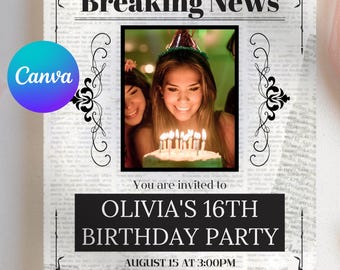 Newspaper Birthday Invitation Template, Breaking News Party Invite (5x7 Digital Download)